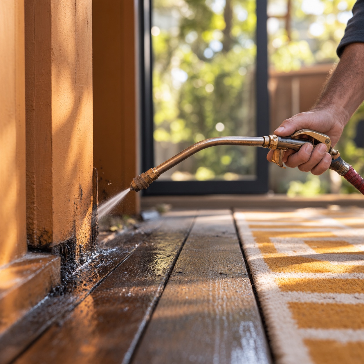 Pest control treatment being applied to a timber door frame